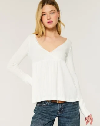 Let langærmet Pointelle Babydoll Top