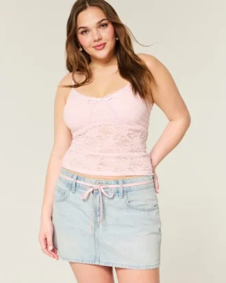 Letvasket mini-skort i denim med snørebånd