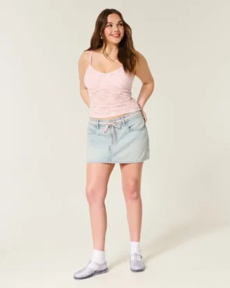 Letvasket mini-skort i denim med snørebånd