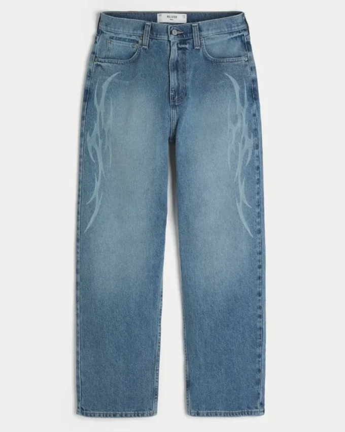 Medium Wash Flame Graphic Baggy Jeans Medium Wash Flame Graphic Baggy Jeans