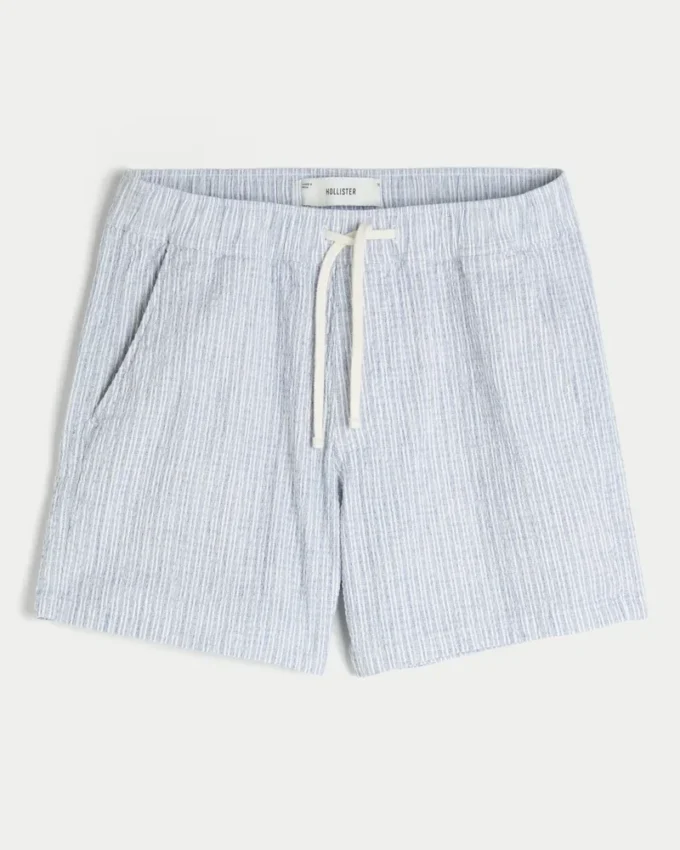 Midt-lår-linnedblandede seersucker-shorts Midt-lår-linnedblandede seersucker-shorts