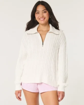 Oversized kabelstrikket sweater med halv lynlås
