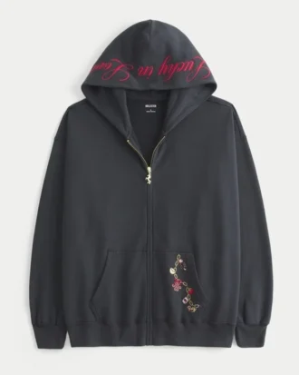 Oversized Lucky in Love-hoodie med lynlås og grafisk print