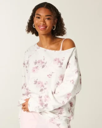 Oversized sweatshirt med blomsterbåndsmønster og bare skuldre Oversized sweatshirt med blomsterbåndsmønster og bare skuldre