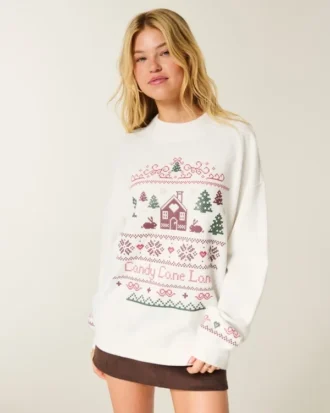 Oversized sweatshirt med høj hals, puffærmer og vintermotiv Oversized sweatshirt med høj hals, puffærmer og vintermotiv