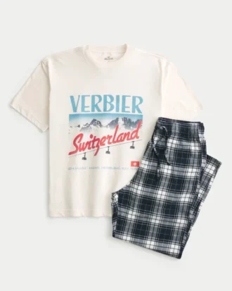 Schweizisk grafisk T-shirt og flannel pyjamasbukser