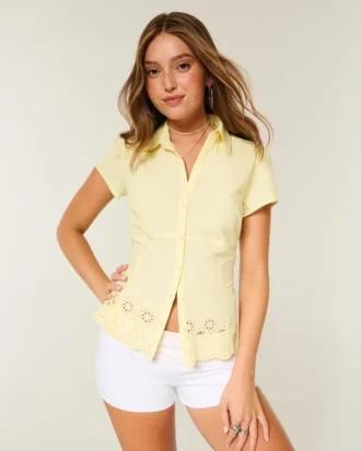 Stretch poplin broderet kortærmet skjorte