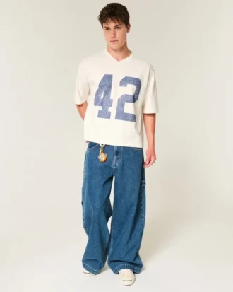 Tung baggy kort fodbold-T-shirt med grafisk print