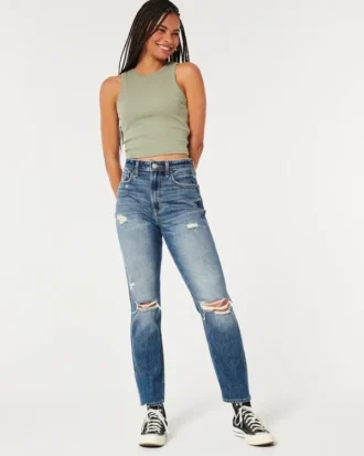 Ultra højtaljede mom jeans med rips og medium vask