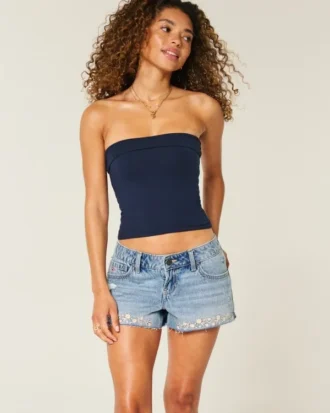 Ultra lavtaljede broderede denim-minishorts