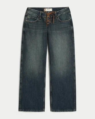 Ultra lavtaljede, mørkvaskede baggy jeans med snørebånd