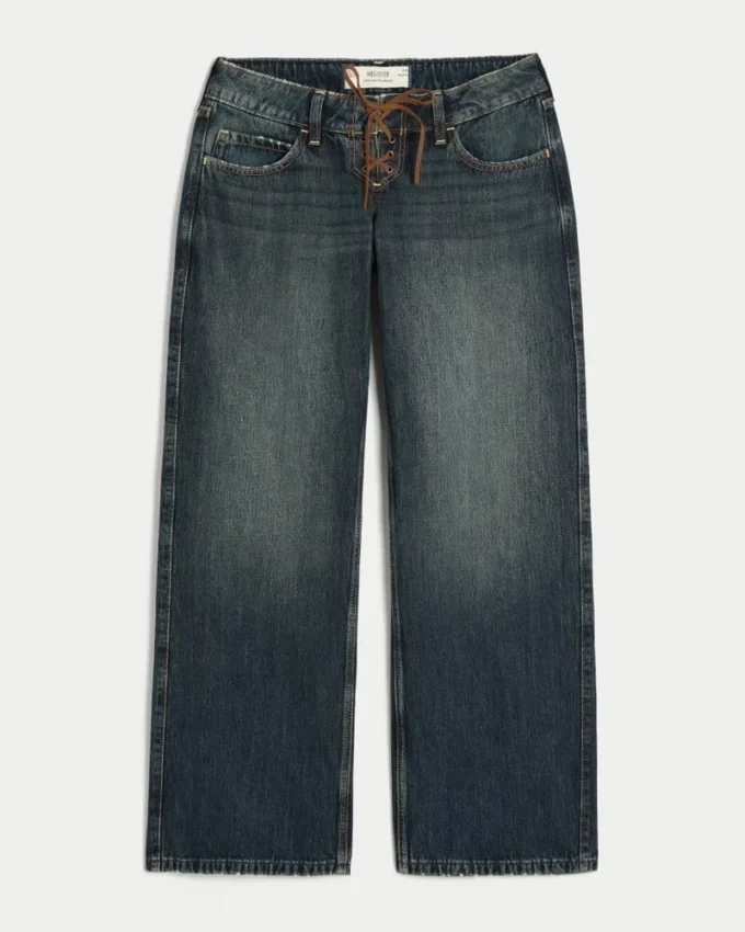Ultra lavtaljede, mørkvaskede baggy jeans med snørebånd Ultra lavtaljede, mørkvaskede baggy jeans med snørebånd
