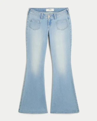 Ultra lavtaljet lysvasket flare-jeans med forlommer