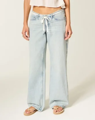 Ultra lavtaljet lysvasket mini-taljebånd Shoelace baggy jeans Ultra lavtaljet lysvasket mini-taljebånd Shoelace baggy jeans