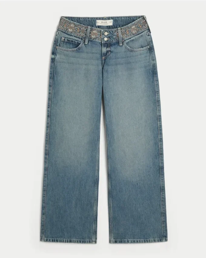 Ultra lavtaljet, mediumvasket, broderet baggy jeans Ultra lavtaljet, mediumvasket, broderet baggy jeans