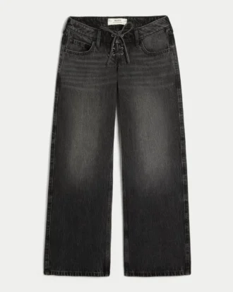 Ultra lavtaljet vasket sort baggy jeans med snørebånd