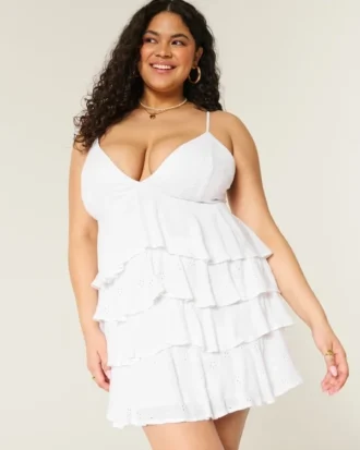 V-hals babydoll minikjole med flæser