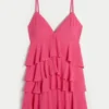 V-hals babydoll-minikjole med flæser