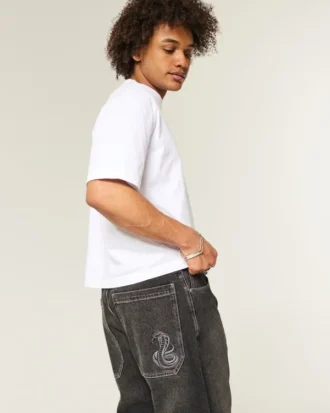 Vasket sort broderet slange skater baggy jeans