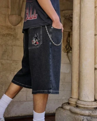Vasket sort Cat Graphic Super Baggy Denim Shorts
