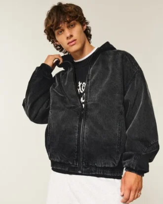 Vasket sort denim skaterjakke Vasket sort denim skaterjakke