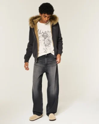 Vasket sort grafisk skaterbaggyjeans