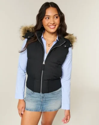 Y2K-vest med hætte og kant i imiteret pels